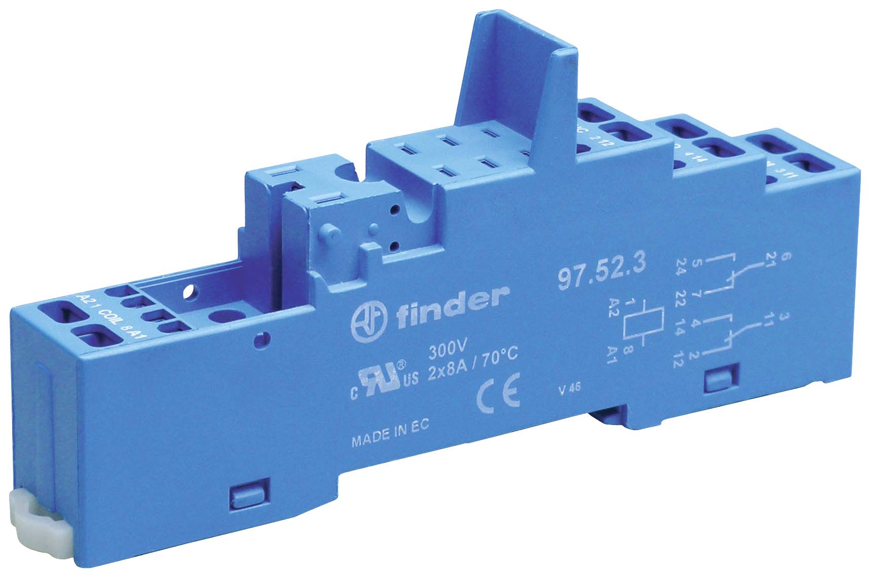 A blue relay with the inscription 'finder 97.52.3' displays circuit symbols and specifications for electrical use at 300V.