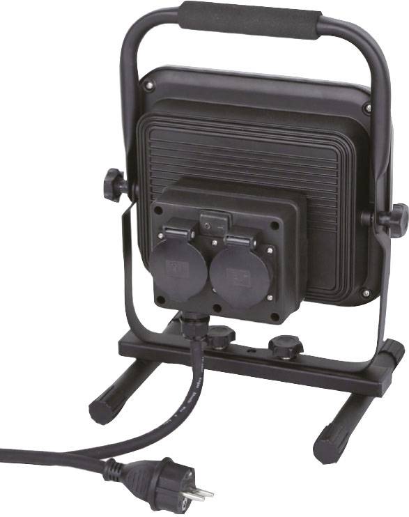 A black LED construction floodlight with sturdy stands is connected to a power source.