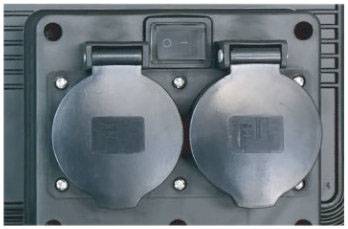 A double socket electrical outlet with a switch positioned above it.