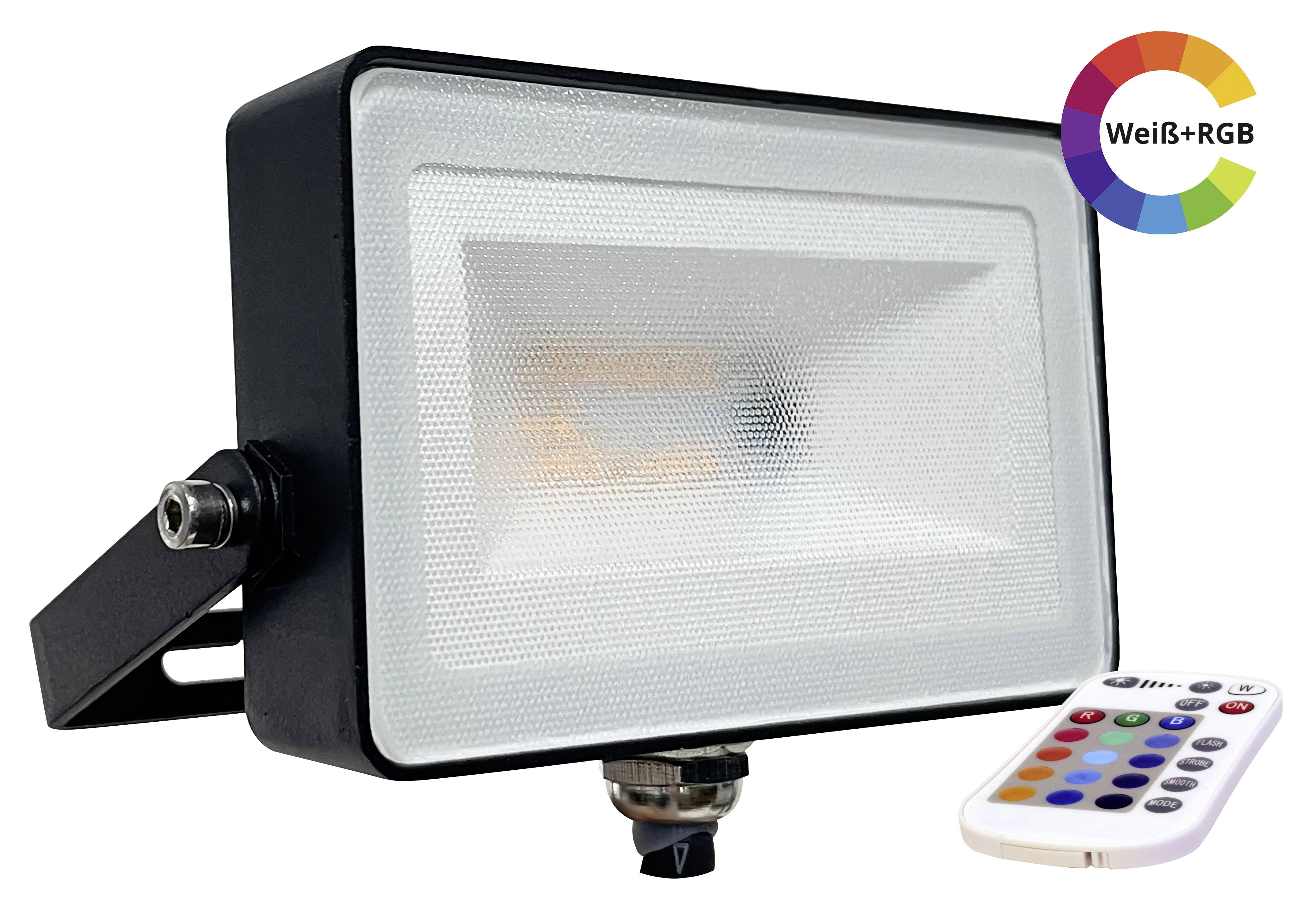 A rectangular LED floodlight with a remote control. A circle in the top right with the inscription 'White+RGB', showing colour options.