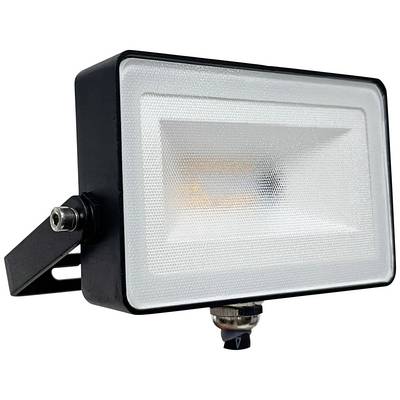 Rectangular LED floodlight with a black housing and transparent front panel. Suitable for outdoor lighting and energy-efficient.