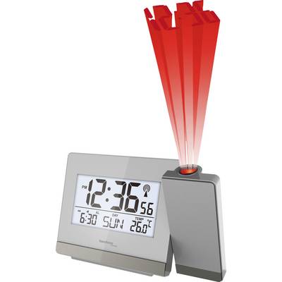 Digital alarm clock with ceiling projection of time. Displays time, temperature, and alarm time on an LCD screen.