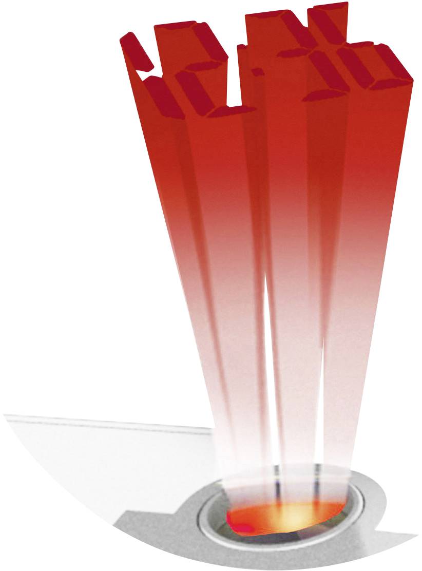 Red and pink bars rise from a grey round podium and project a strong glow upwards.