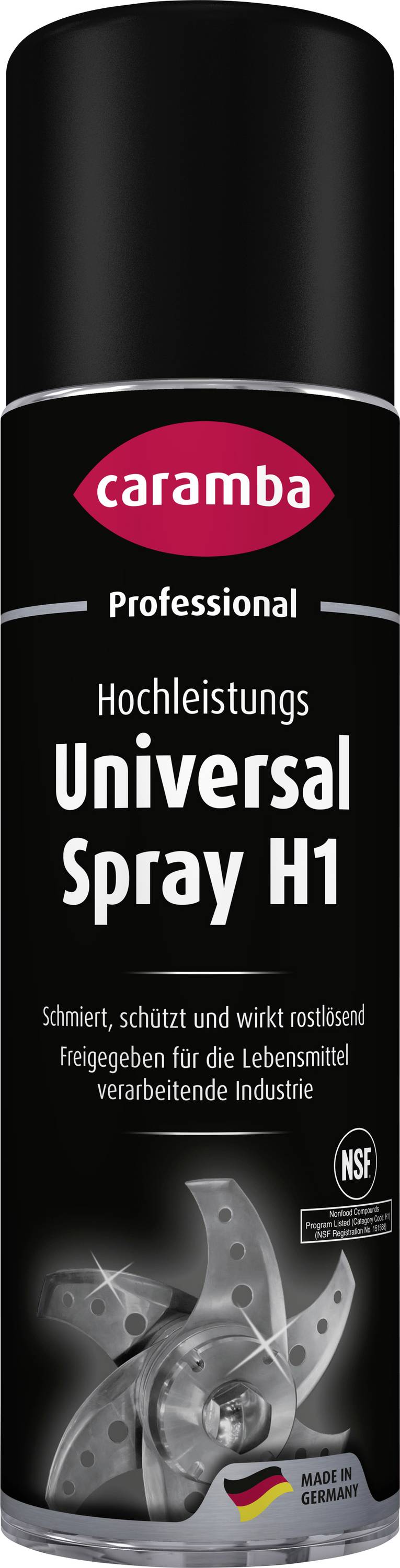 Caramba Professional Hochleistungs Universal Spray H1 aerosol can, with lubricant for industrial use and NSF certification label.