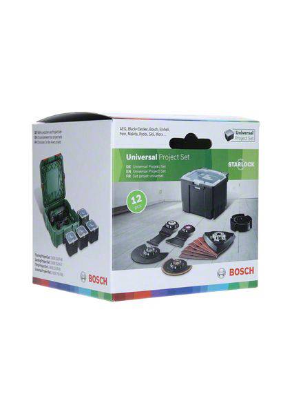 'Universal Project Set' by Bosch containing various saw blades and sanding discs. Packaging shows illustrations of the tools.