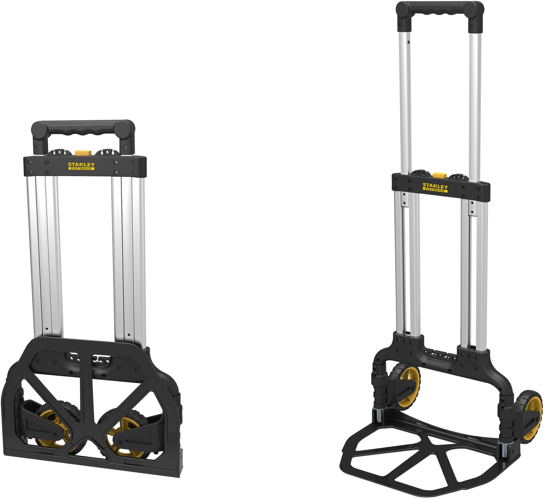 Folding hand trolley in two views: left folded, right extended. Black and yellow design with wheels and handle.
