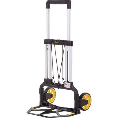 Foldable transport trolley with yellow wheels and ergonomic handle, perfect for transporting heavy items.