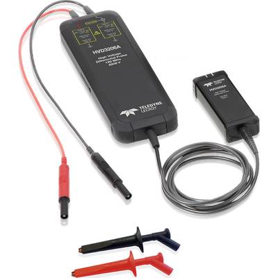 High-voltage measuring device with two probes and cables. Various terminals in red and black shown below. By Teledyne LeCroy.