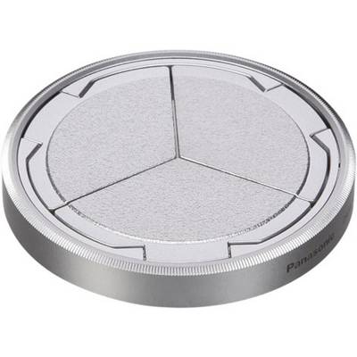 'Product photograph of a silver Panasonic lens cap, consisting of three segments, with no visible markings or inscriptions.'