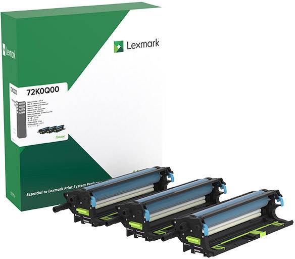 Three black toner cartridges are standing in front of a Lexmark packaging. The product number '72K0Q00' is clearly visible on the packaging.