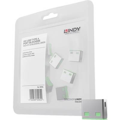Packaging for LINDY 10x USB Type A port blockers, pack of 10, green, shown in a clear hanging pouch with product images and barcode.