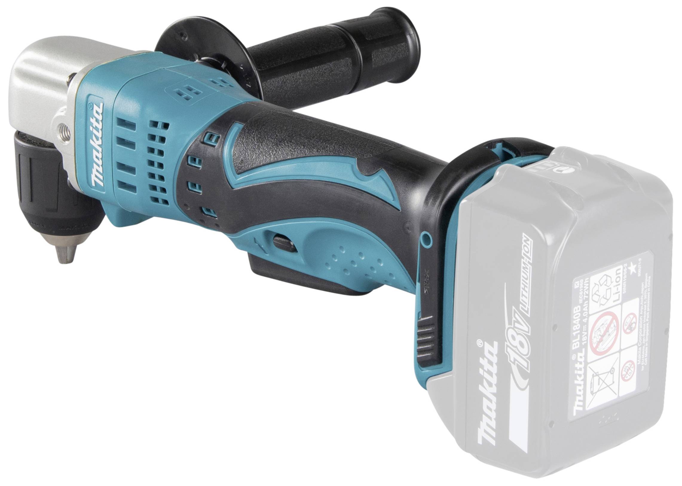 Cordless drill in blue and black with an ergonomic handle and removable battery. 'Makita' brand name visible.