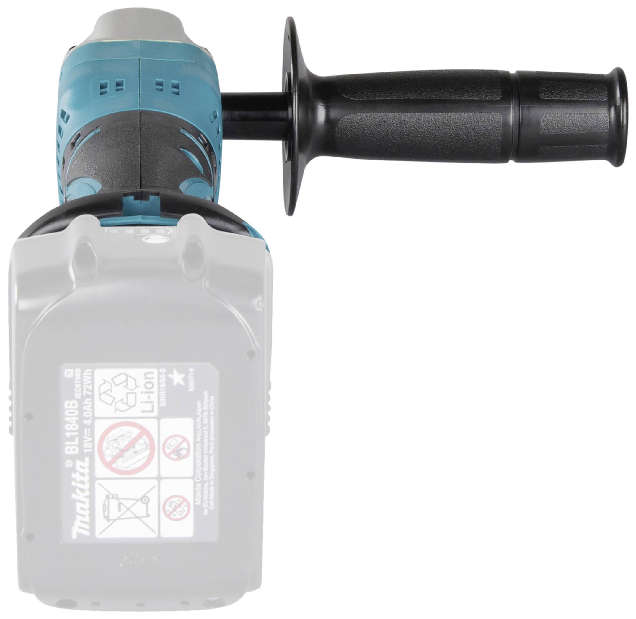 Cordless drill viewed from above with a blue casing and black handle. Battery with clearly printed warning labels visible.