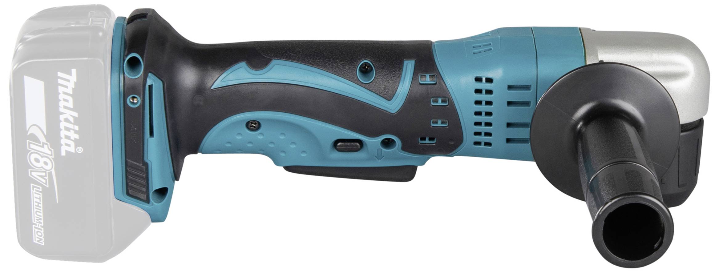 A blue and black cordless angle grinder with a removable handle and 18V battery. Suitable for grinding and cutting work.