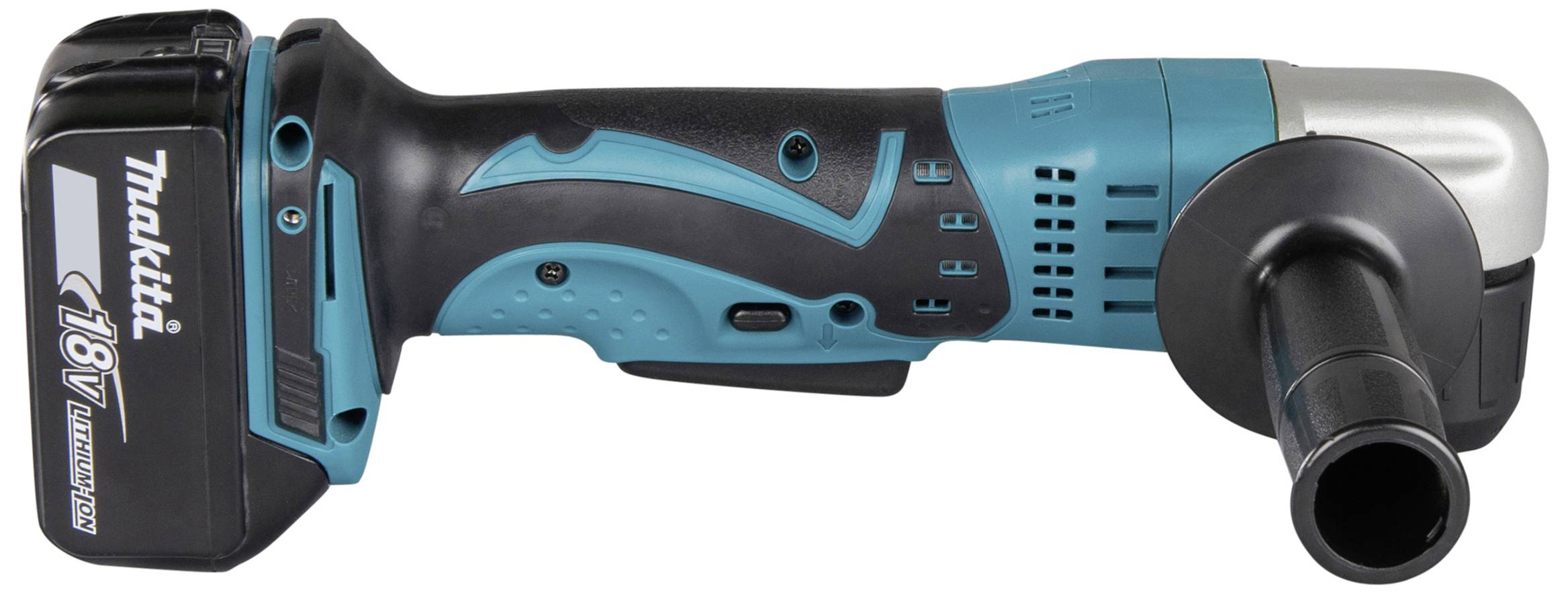 A blue and black cordless angle grinder with an 18V battery on the left side and a handle on the right side.