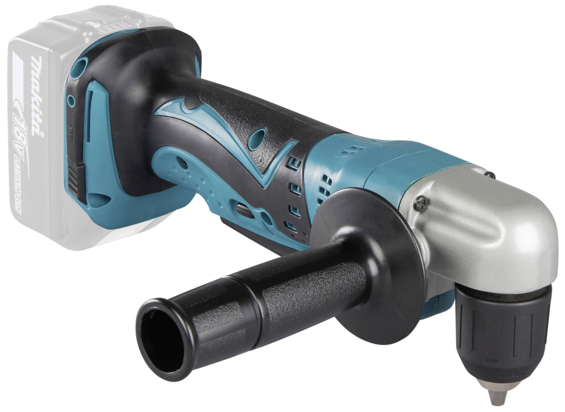 Cordless drill with right-angled handle and drill head, suitable for work in hard-to-reach areas. Includes a handle for stability.