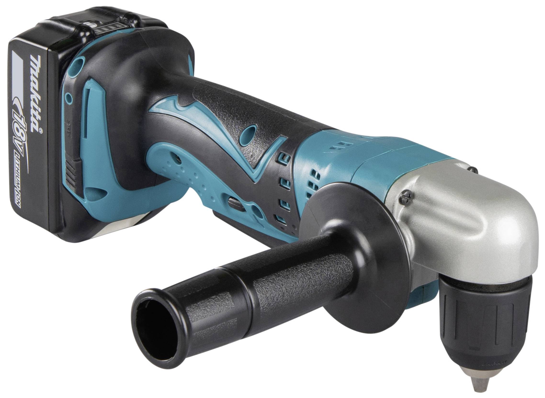 Cordless drill with side handle, blue-black-silver.