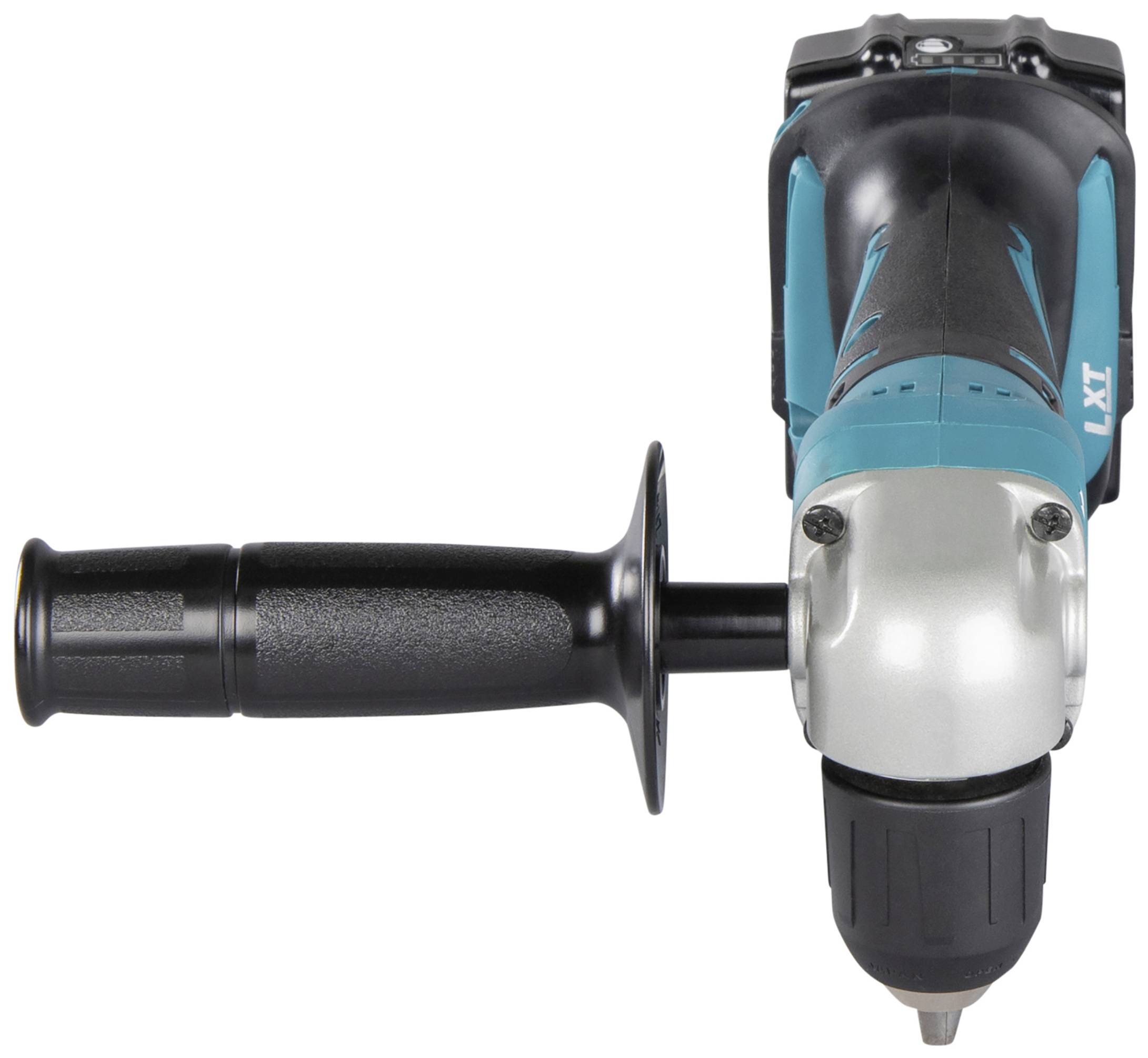 A blue and black cordless drill with a side handle, suitable for DIY projects.