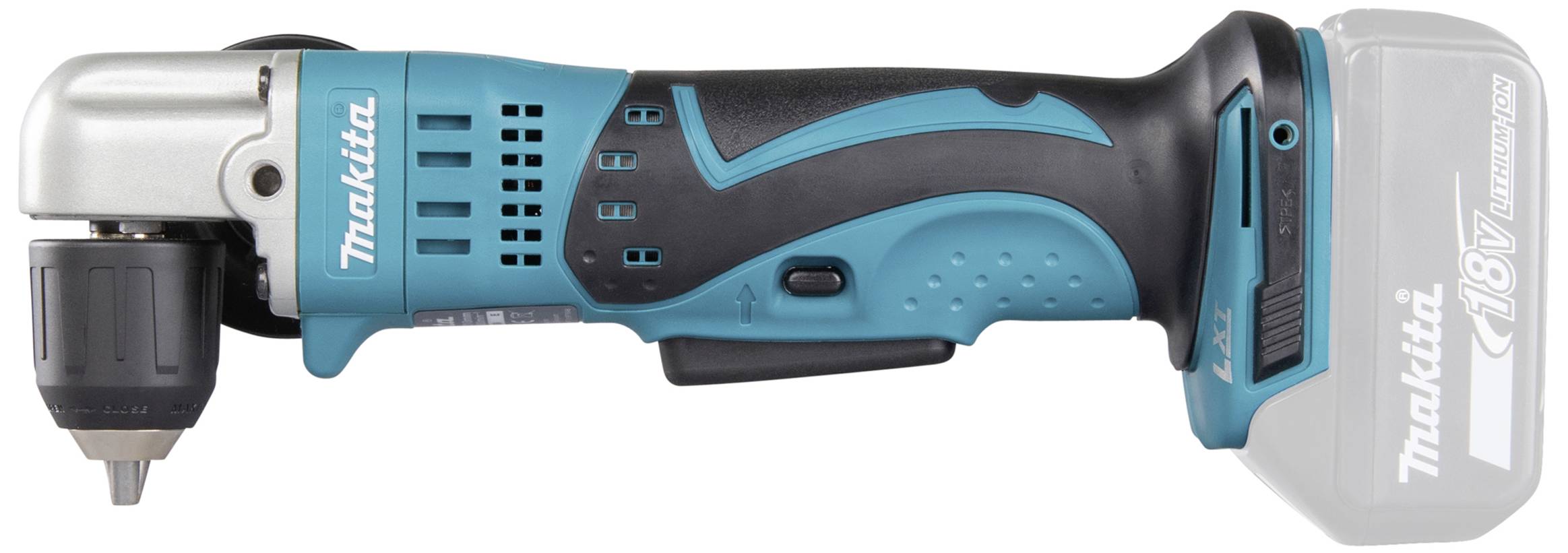 A cordless blue angle driver with an 18V lithium-ion battery, ergonomic handle, and a quick-release chuck.