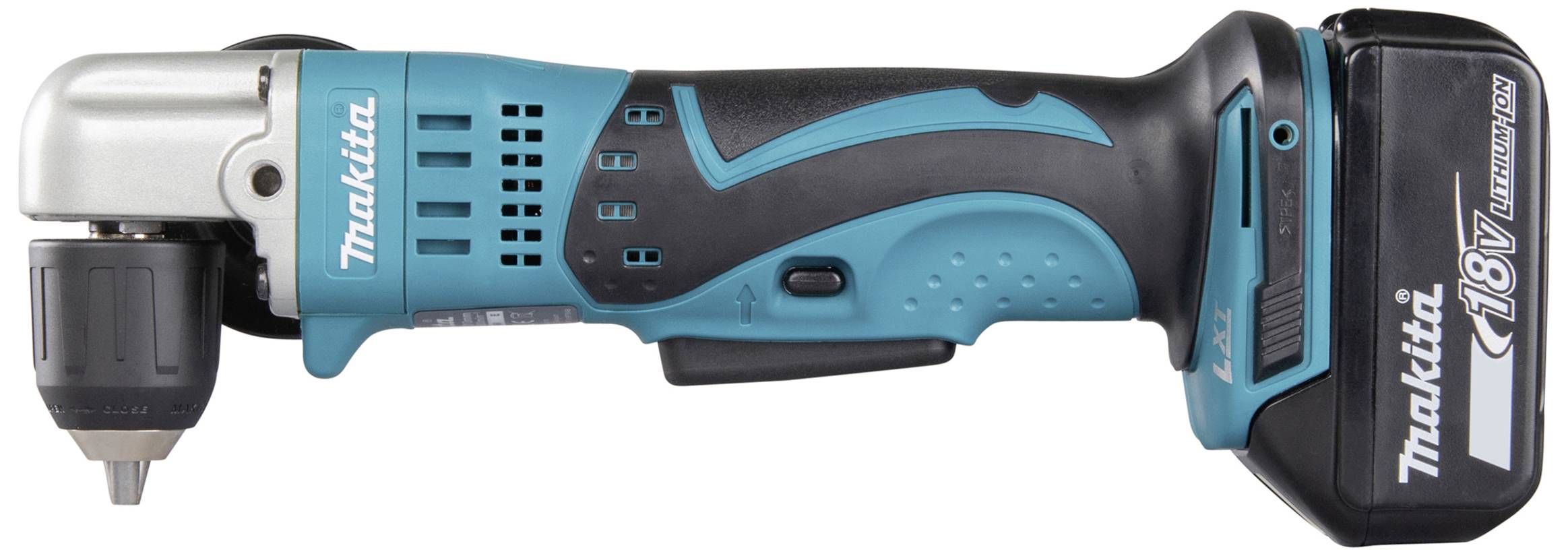 A navy blue and black battery-powered angle drill with an 18V lithium-ion battery, suitable for hard-to-reach areas.