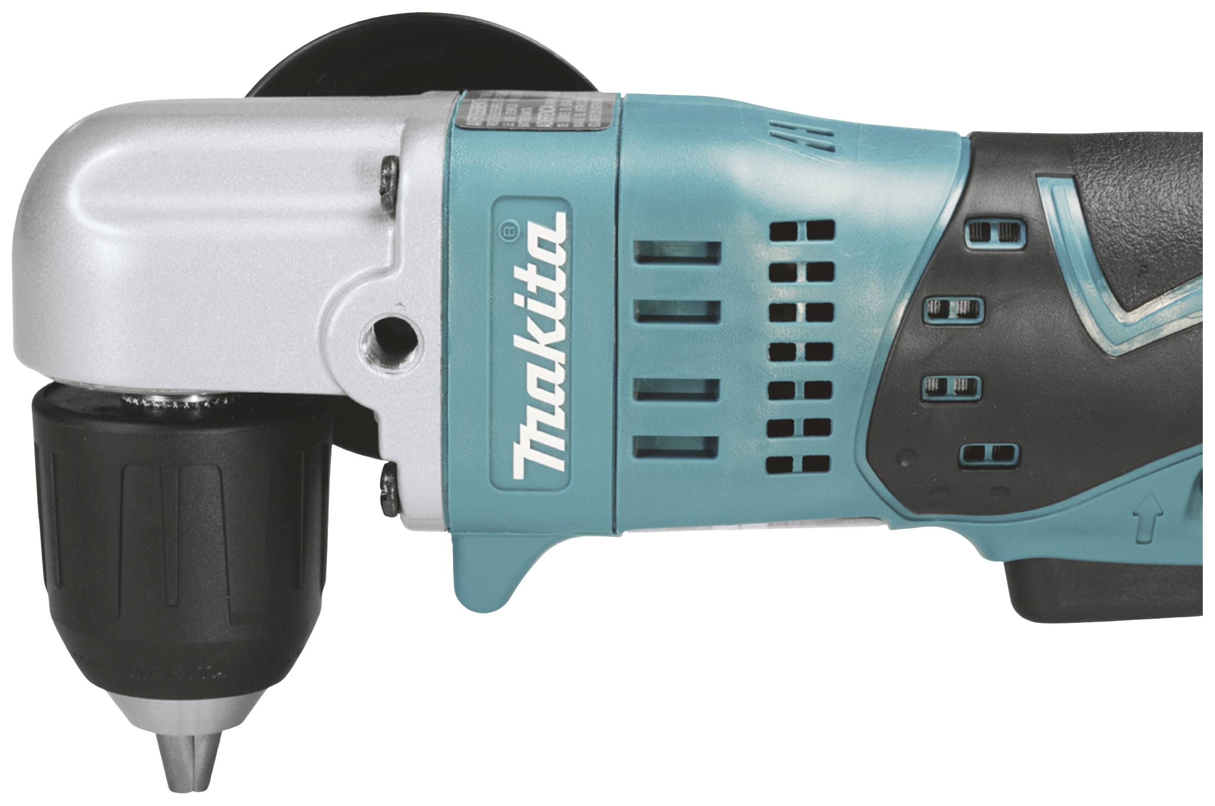 A cordless angle drill in close-up, with a turquoise-black casing and a silver drill head mount.