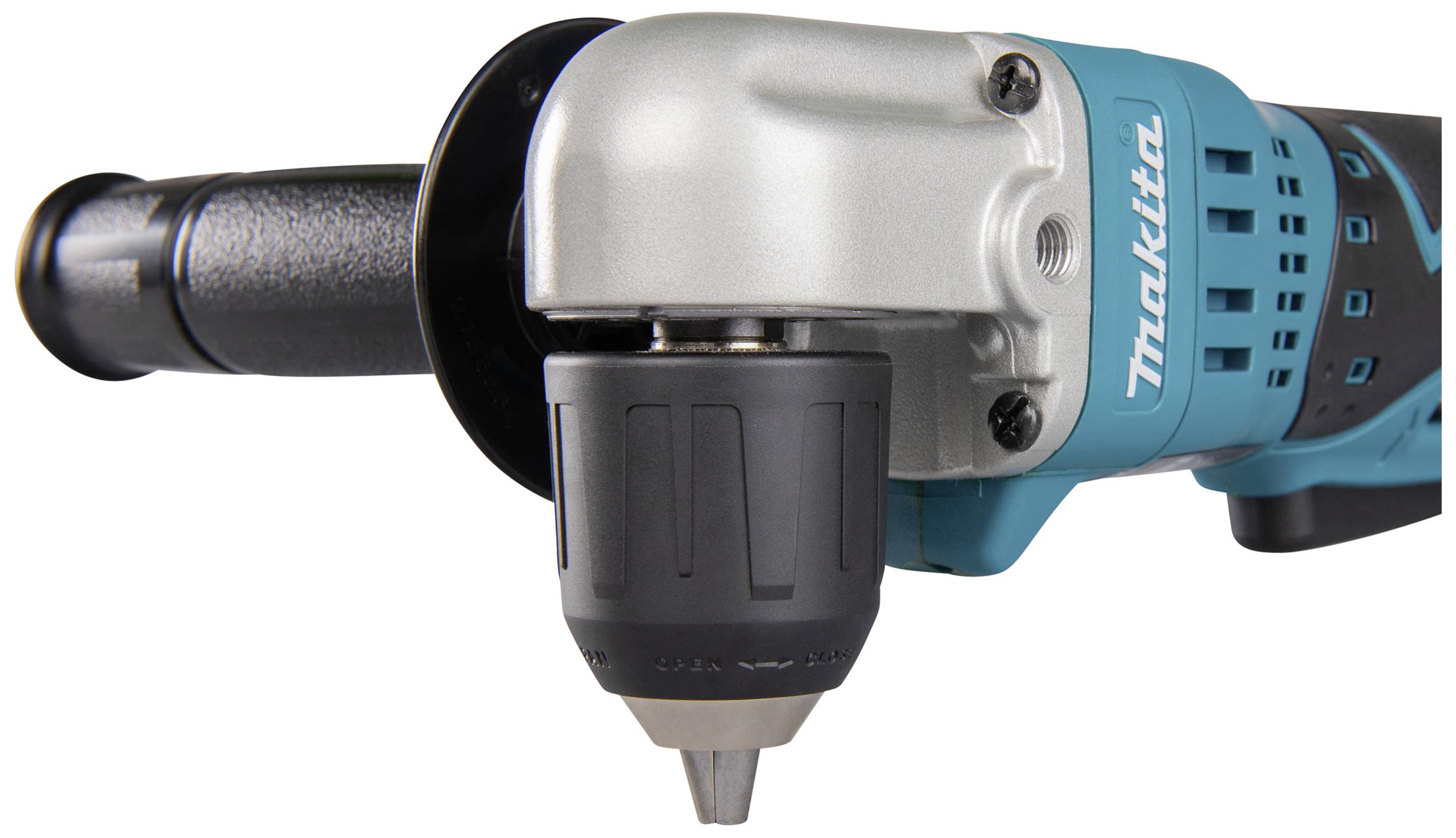 Electric angle grinder, close-up of one side showing handle and black chuck. Brand: Makita.