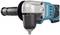Electric angle grinder, close-up of one side showing handle and black chuck. Brand: Makita.