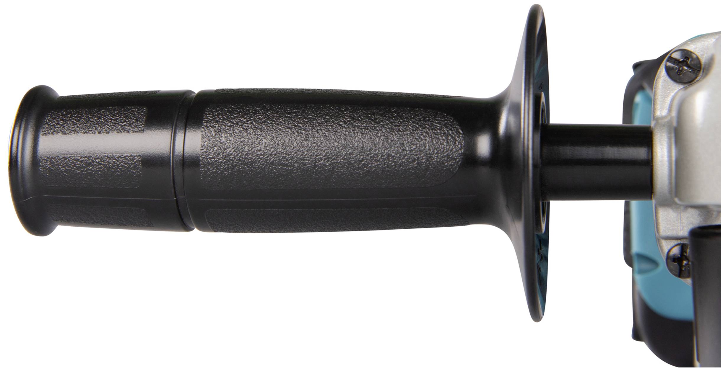 A black, structured grip of an electric power tool, likely an angle grinder, with a protective shield on the side.