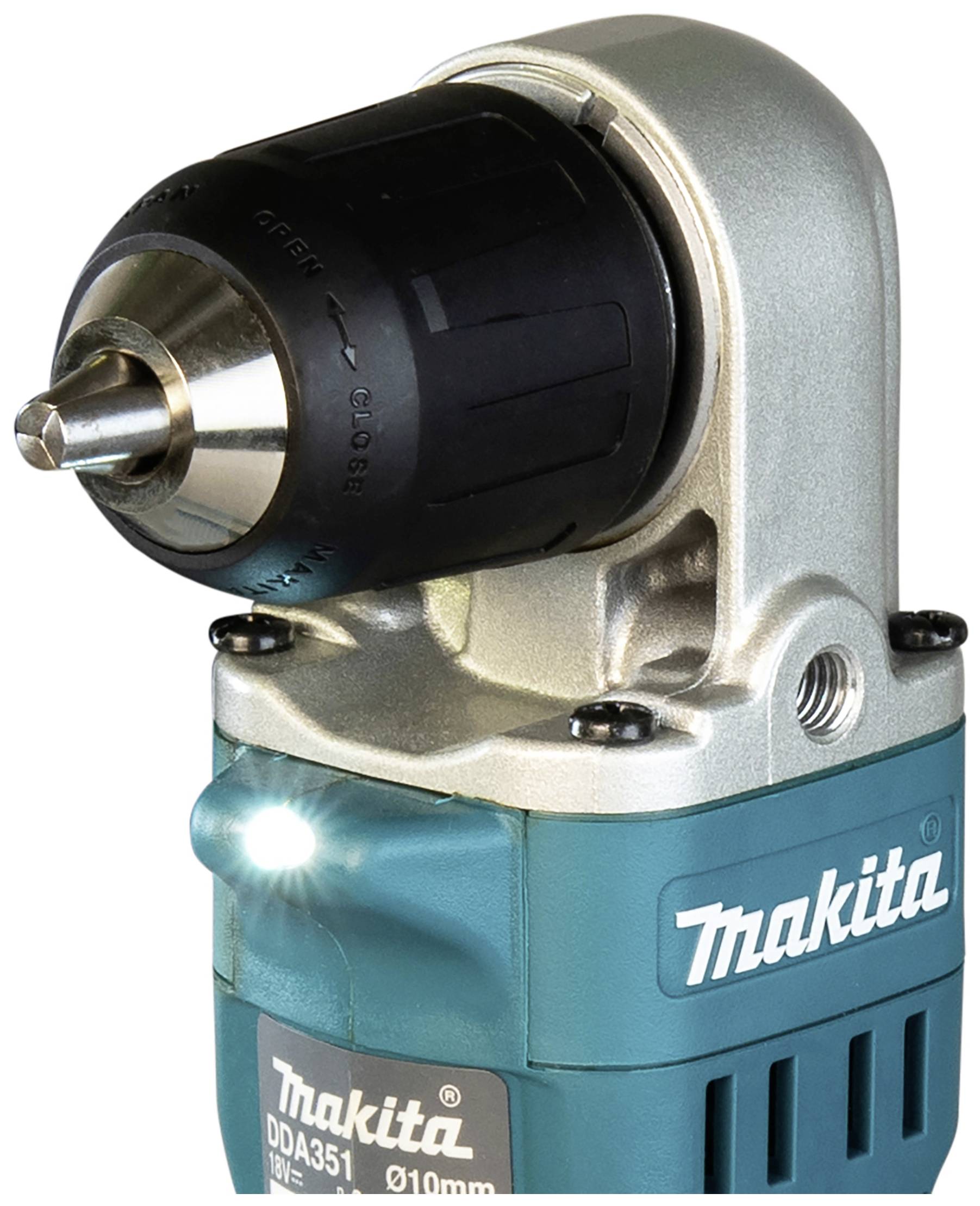 Makita angle drill with side handle and LED light, perfect for hard-to-reach areas.