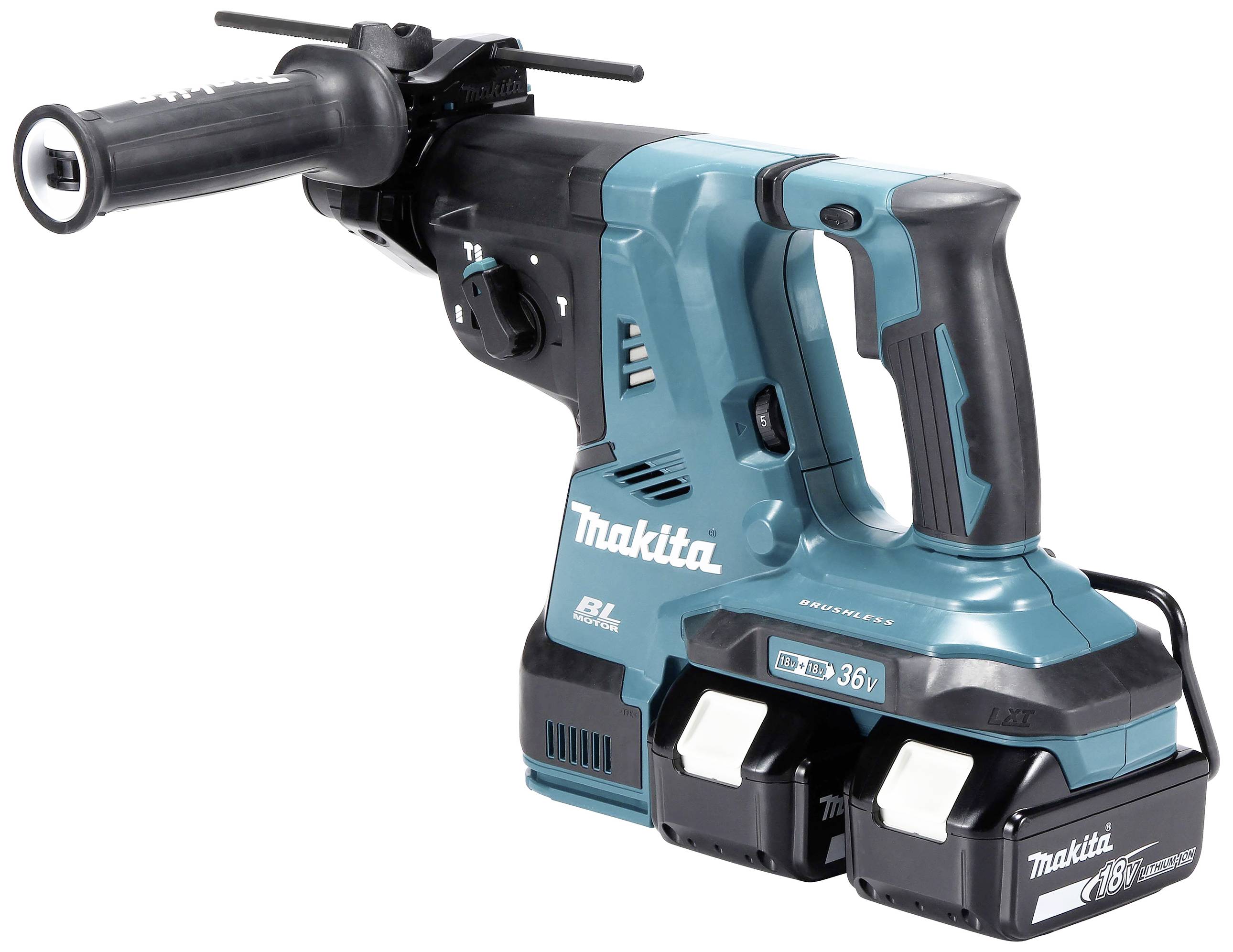 Battery drill hammer with two battery packs attached, on the right side of the image. Handle with non-slip coating. Control button at the front. Brand 'Makita'.