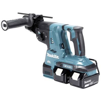 Battery drill hammer with two battery packs attached, on the right side of the image. Handle with non-slip coating. Control button at the front. Brand 'Makita'.