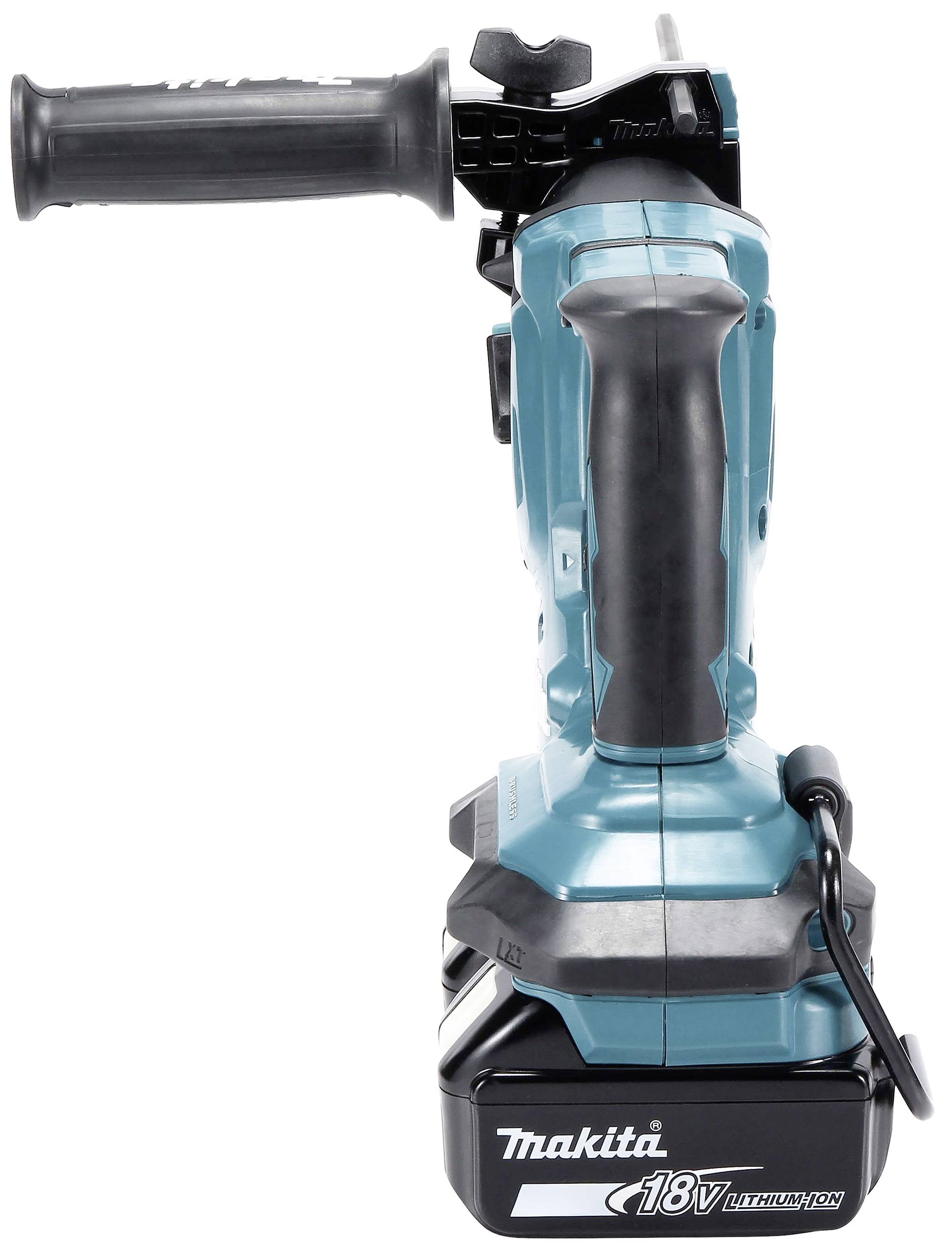 A blue, cordless angle grinder with a black handle, Makita brand. Powered by an 18V lithium-ion battery.