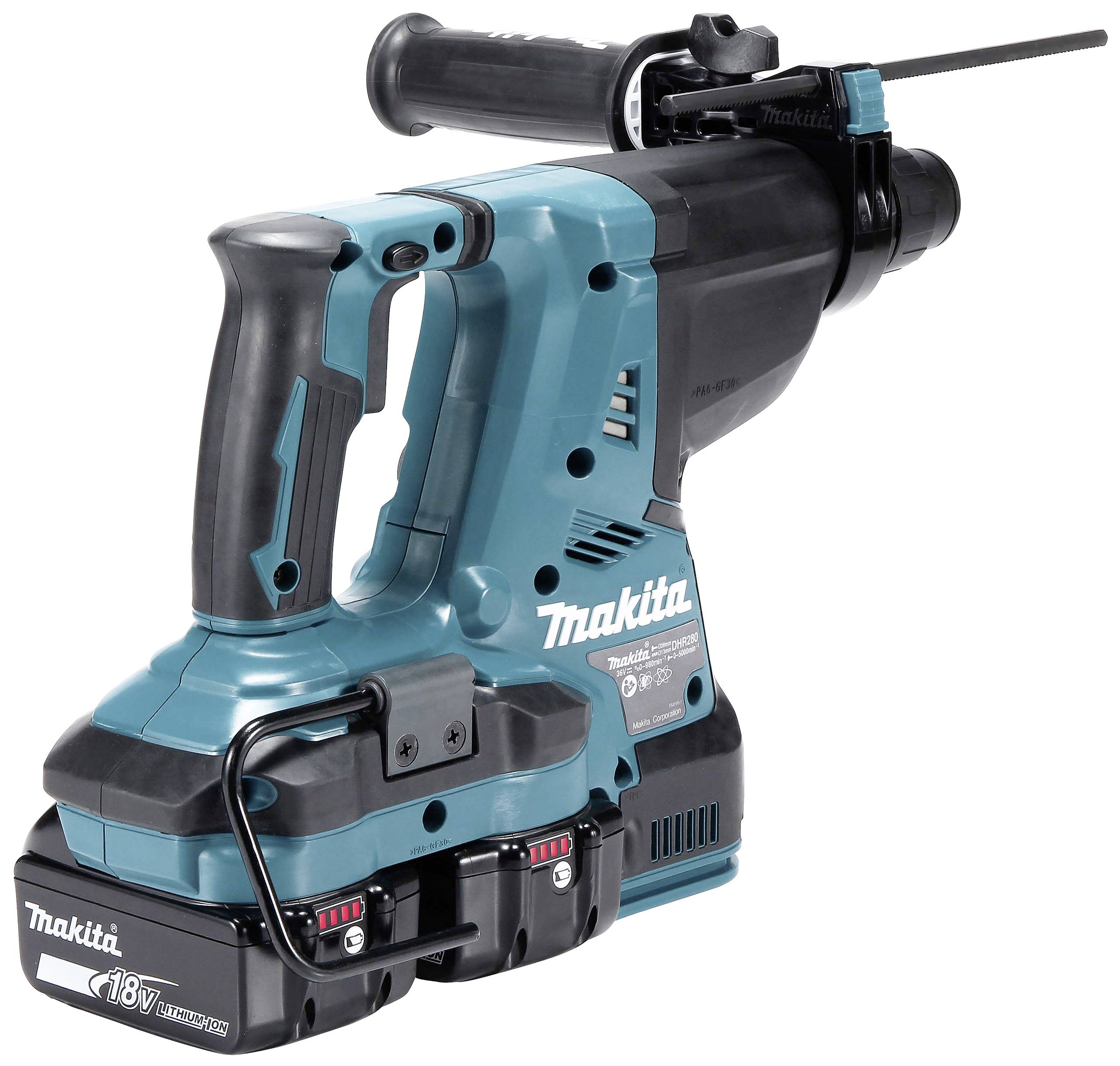 A blue electric hand tool, a cordless hammer drill with a handle, batteries, and function buttons, pictured from the side.