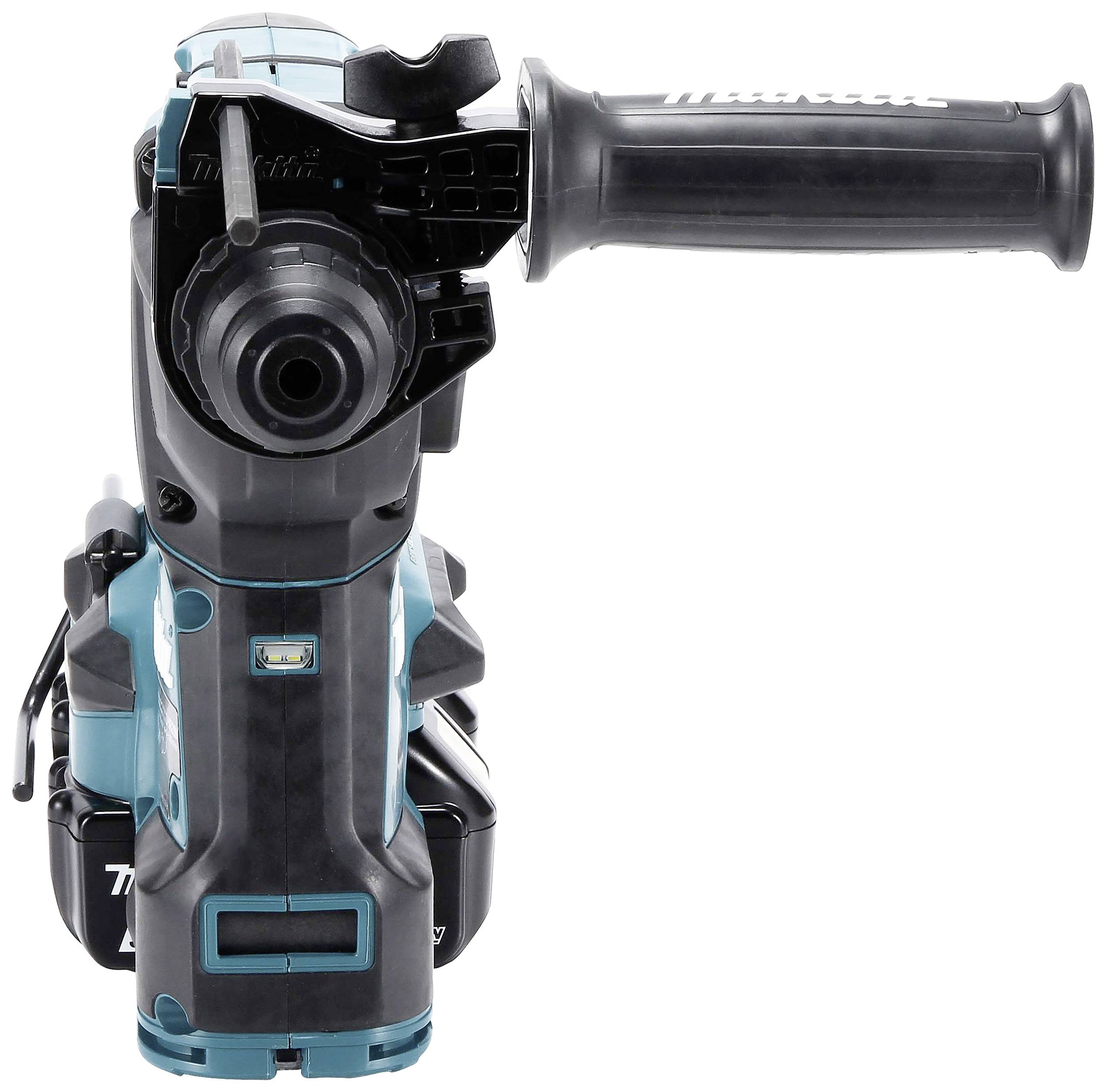 Battery-powered hammer drill with blue-black casing and D-handle, pictured from the front. Brand logo visible on the top surface.