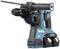 Battery-powered blue-black hammer drill with dual battery pack, ergonomic handle and multiple setting options.