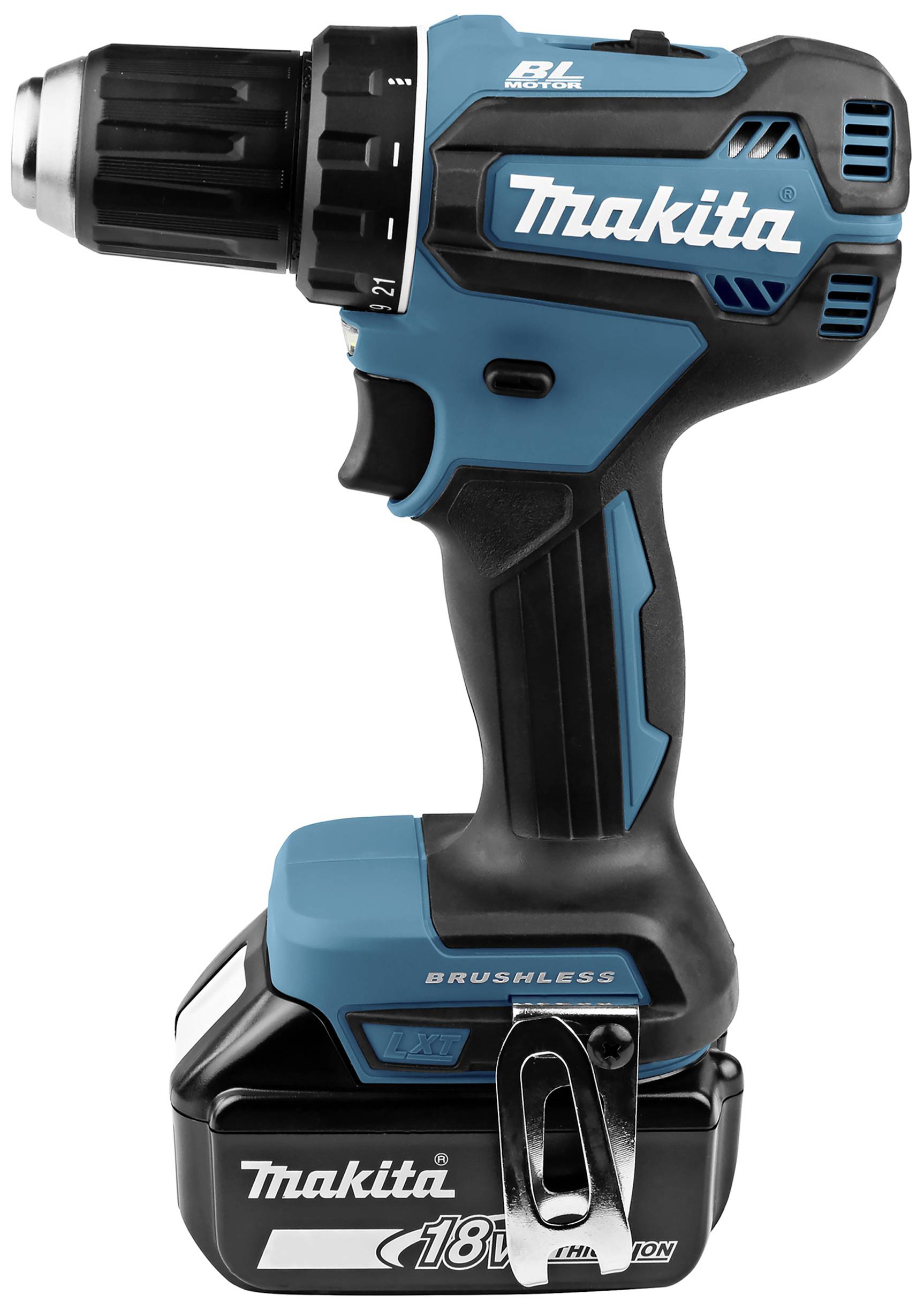A blue Makita cordless drill with 18V capacity, without a brushless motor, side view. Primarily used in workshops.