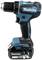 A blue Makita cordless drill with 18V capacity, without a brushless motor, side view. Primarily used in workshops.