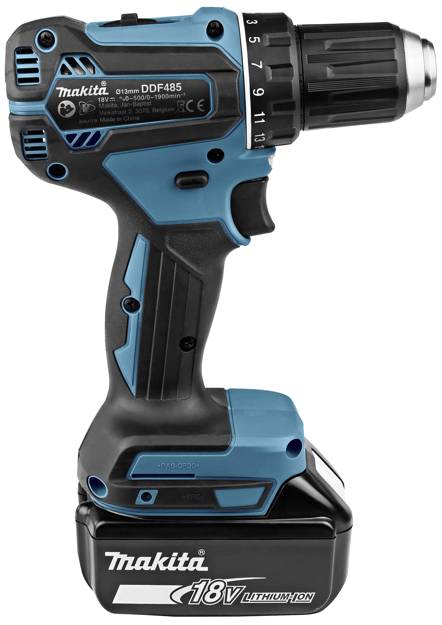 Cordless drill with blue-black casing and 18-volt lithium-ion battery, model number DDF485.