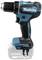 Cordless Makita drill driver with brushless motor, blue and black, on a transparent stand, 18V Lithium-ion.