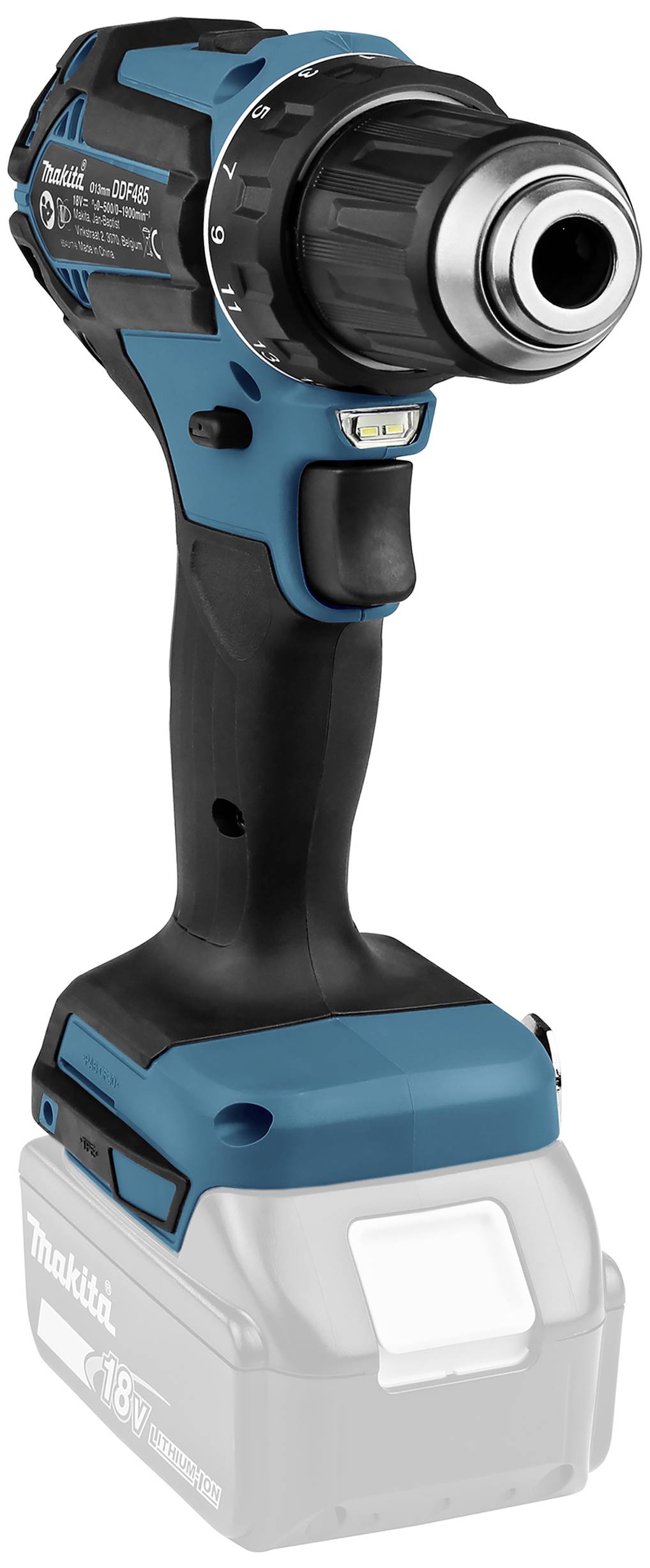 Cordless drill in blue and black with an ergonomic handle, LED light and interchangeable 18V battery, without battery inserted.