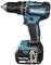 Cordless drill driver by Makita, blue and black body, 18V lithium-ion battery.
