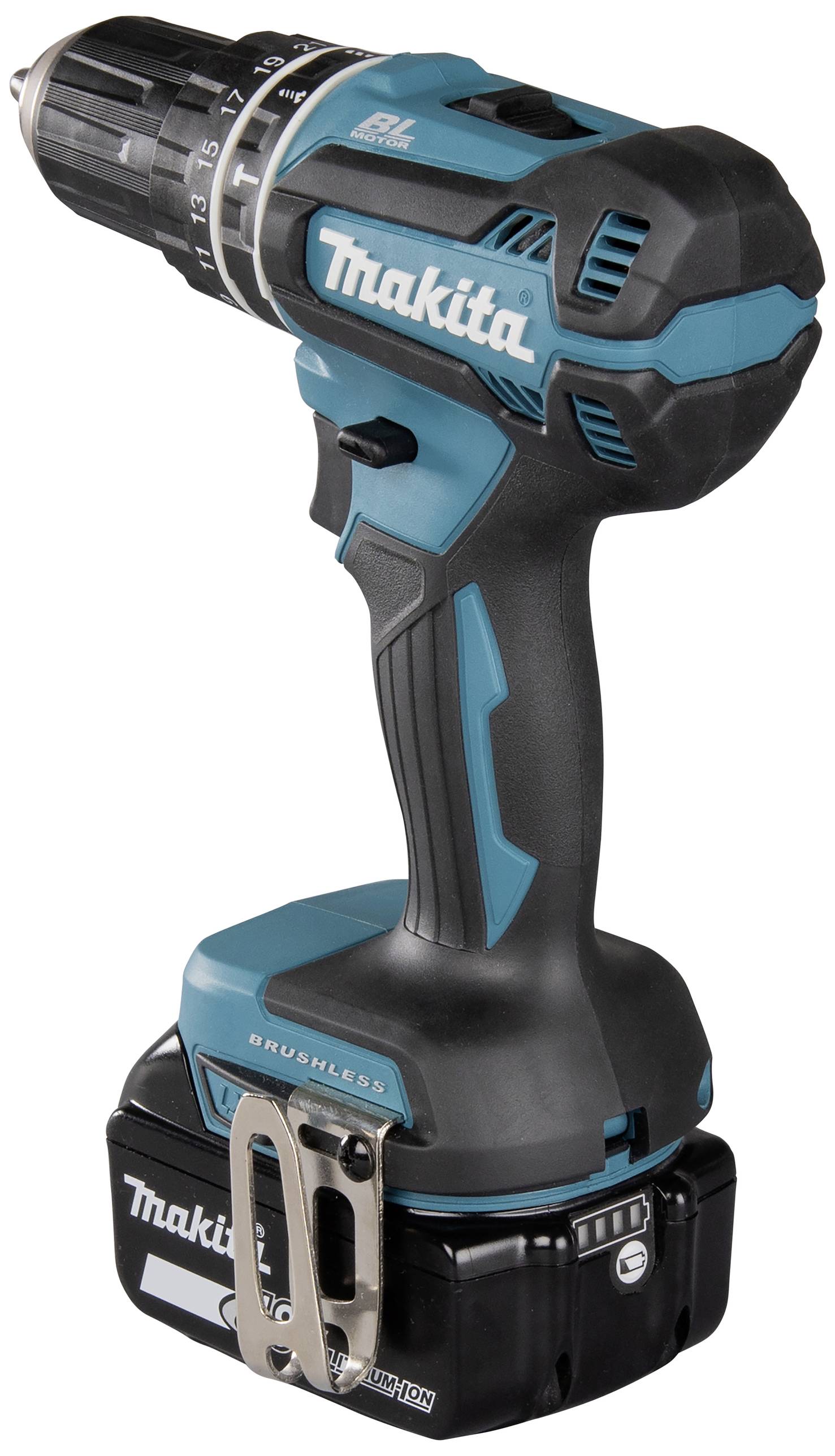 Cordless drill driver in black and blue, with battery and handle. Brand name visible on the side.