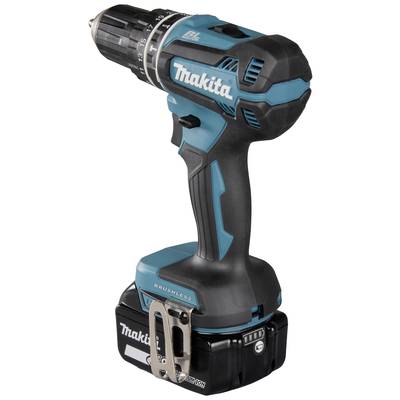 Cordless drill driver in black and blue, with battery and handle. Brand name visible on the side.
