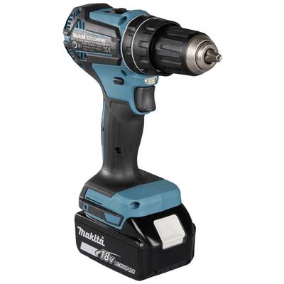 A blue, cordless drill driver with a black grip and an 18V battery from Makita, suitable for drilling and screwdriving.