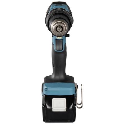 Blue and black cordless drill, pictured from the front.