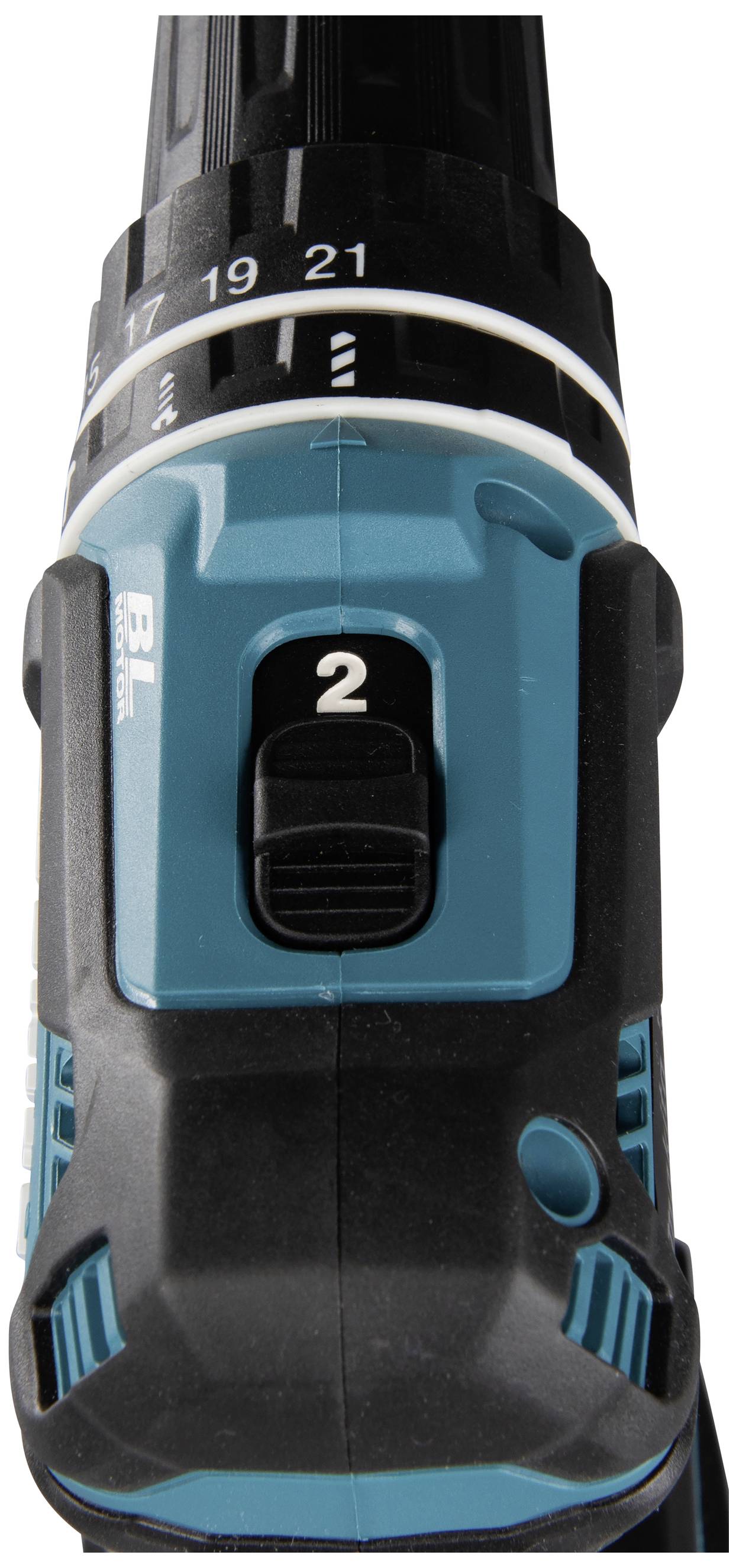 A blue cordless drill with a black handle and black torque ring. The number '2' is visible on a switch.