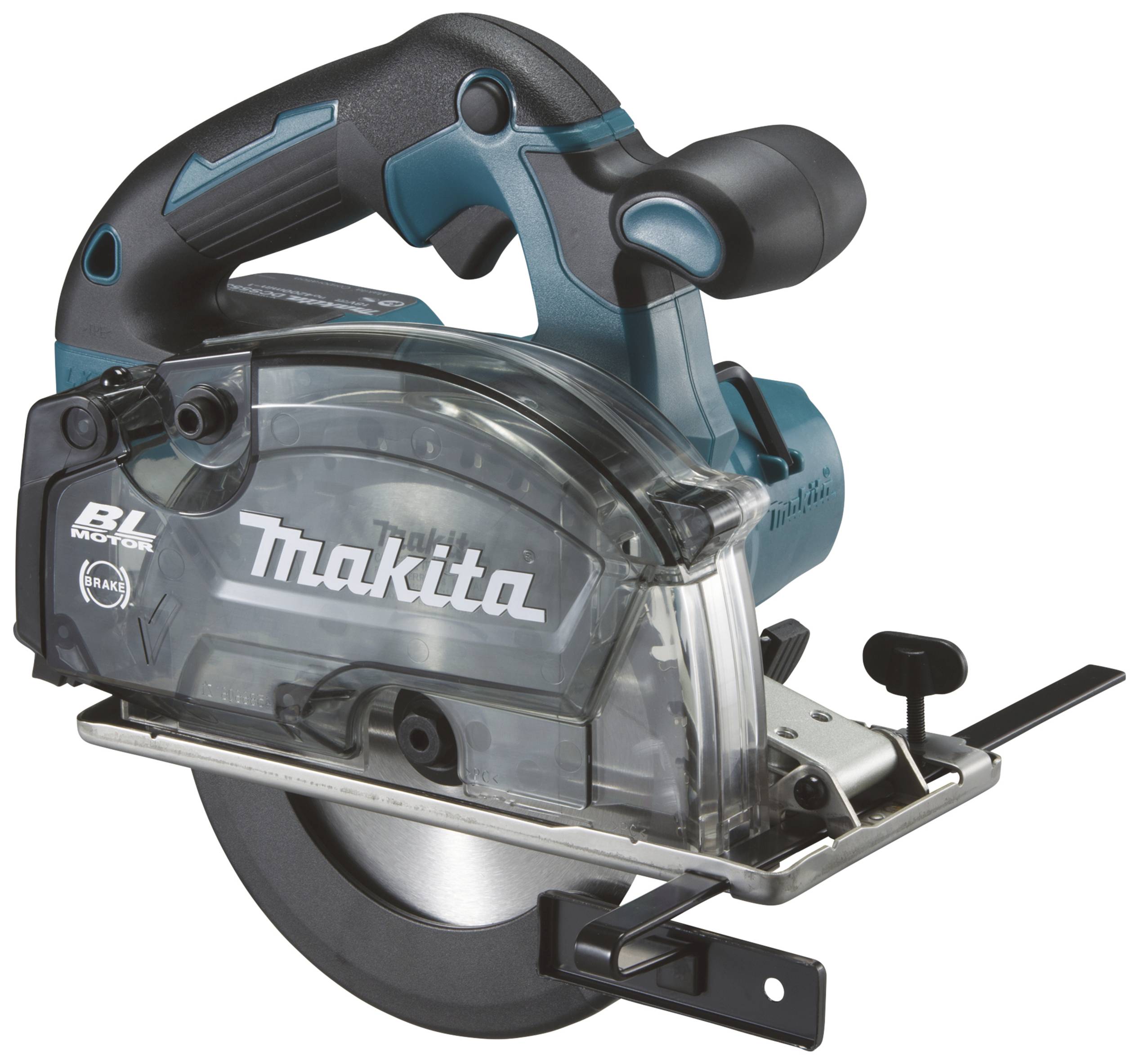Battery-powered circular hand saw in black and blue with a transparent protective housing. 'Makita' brand name visible on the cover.