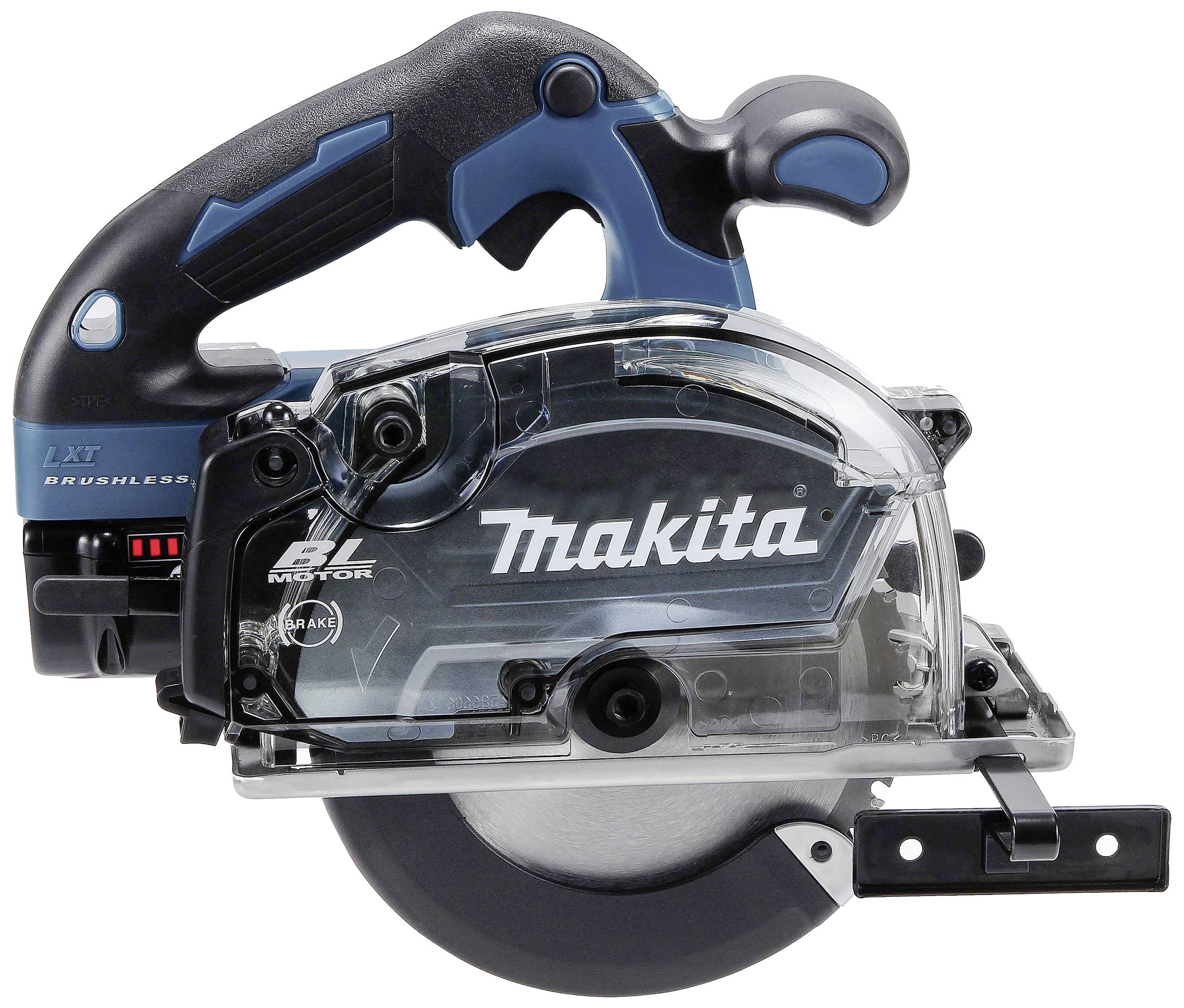 Battery-powered circular hand saw by Makita with black and blue casing, suitable for cordless and powerful sawing.