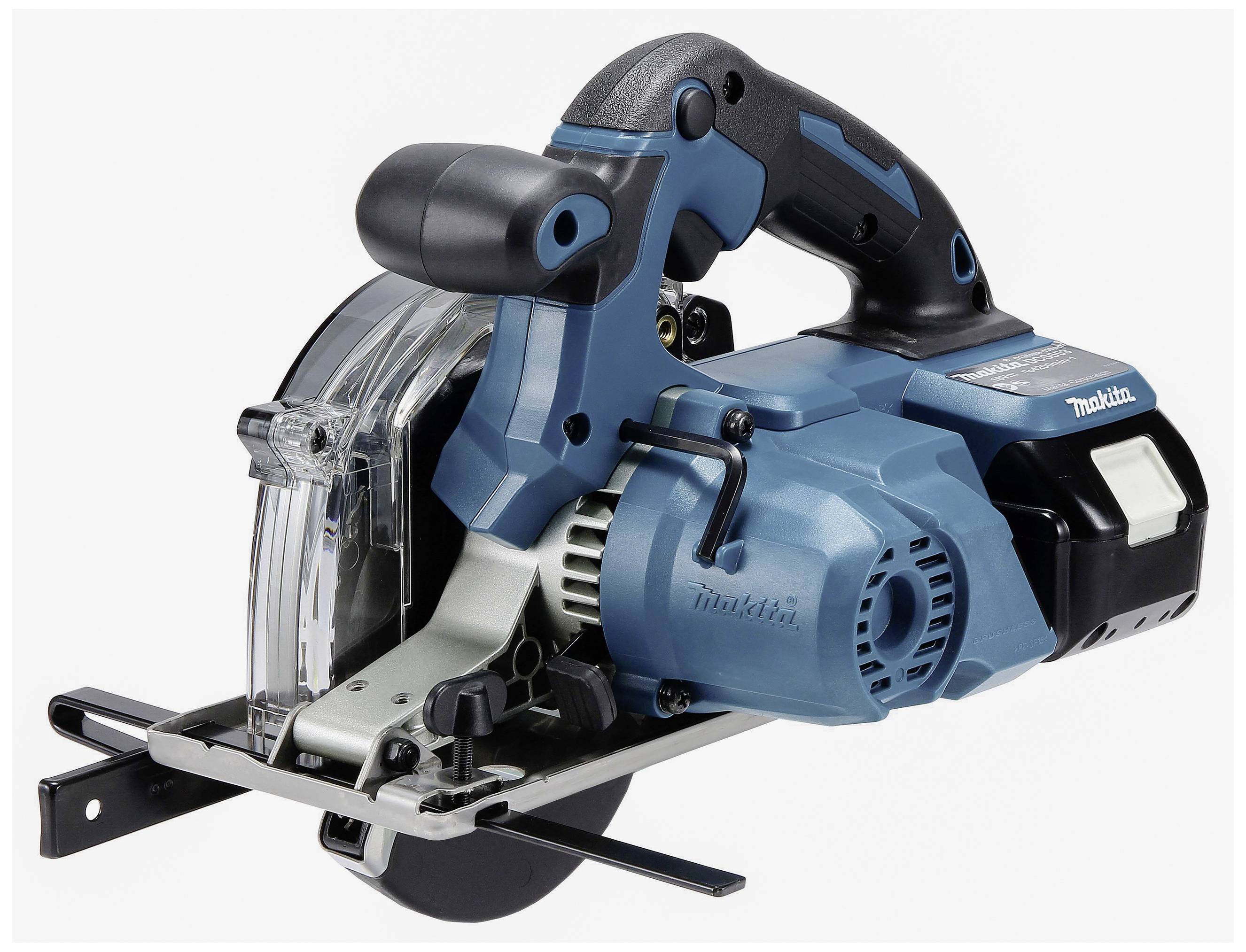 A blue, battery-powered handheld circular saw with a sharp blade. It is commonly used for precise wood cutting.