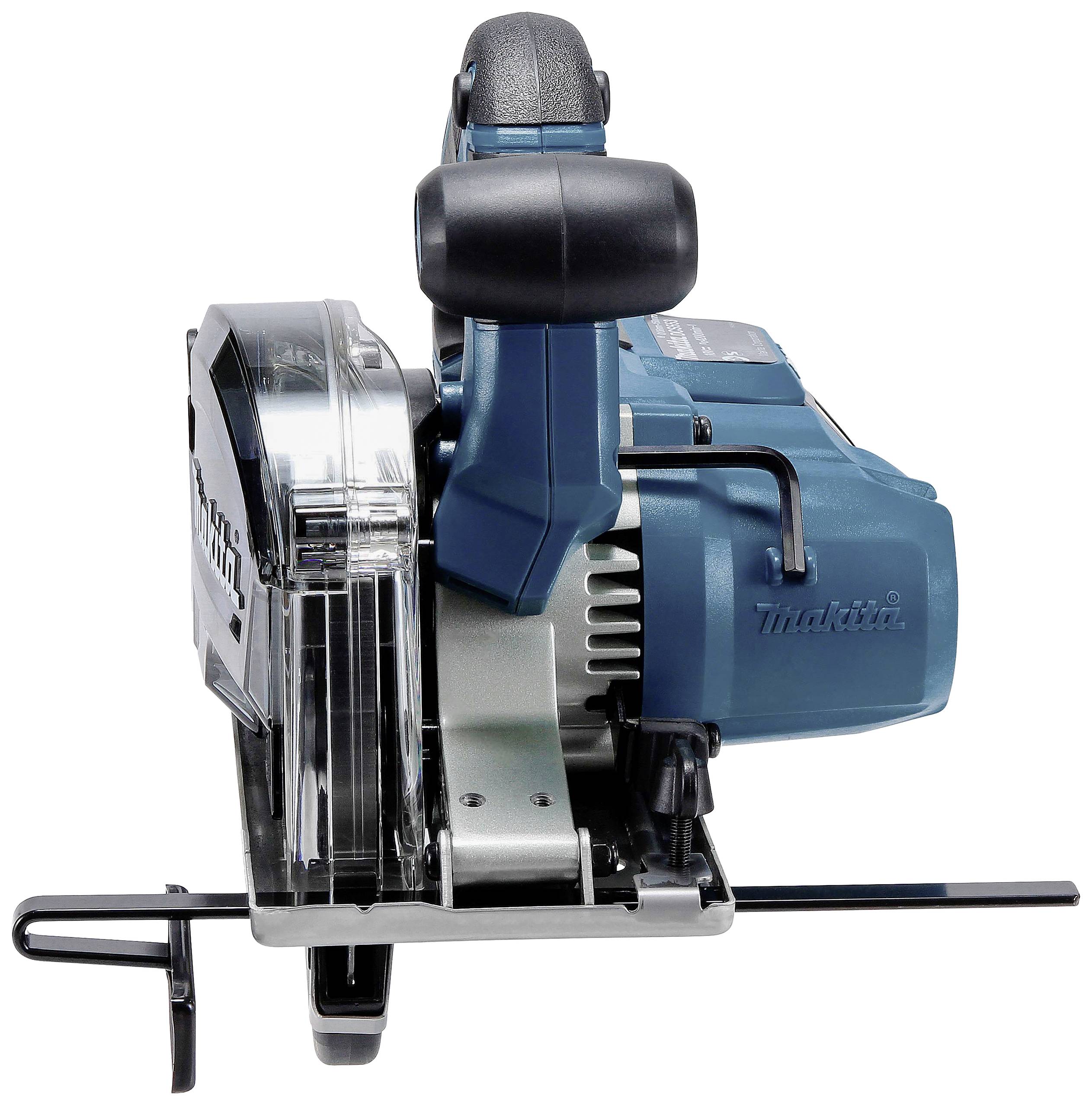 An electric hand circular saw in blue with a black handle, viewed from the side, suitable for woodworking and DIY projects.